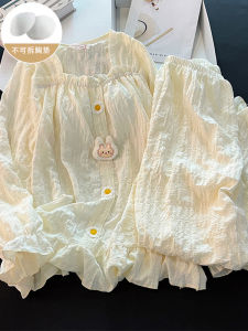 2024 Mới Dễ Thương Ren Đồ Ngủ Nữ Mùa Xuân Mùa Thu Nguyên Chất Cotton Vải Bông Tay Dài Rộng Rãi Bộ Quần Áo Gia Đình Màu Nâu Nhạt Có Miếng Lót Ngực