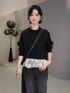 YUFUQING | Black Solid Color Long Sleeve Round Neck Sweatshirt Women Early Autumn New High Fashion Lightweight Luxury Versatile Top Trendy