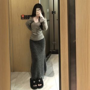 CHANGTONG | Lazy Style Loose V-Neck Knit Top Pencil Skirt Set