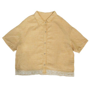 WUSEWUWEI | Pure Linen Casual Embroidered Jasmine Yellow Shirt Loose Fit Five Sleeve Capsule Turn Down Collar Vintage Splicing Womens Shirt