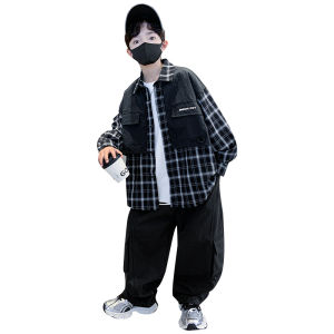 Boys Street Style Plaid Shirt Set Fashion Checked Long Sleeve Shirt Loose Cargo Pants 2 Pcs Set Hip Hop Casual Wear for Kids