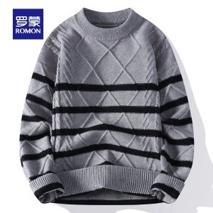 ROMON | Romon Mens Knitted Sweater Thickened Round Neck Casual Loose Fit Winter Warm Striped Long Sleeve Youthful Style Knitwear