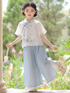 Girls Traditional Chinese Style Thin Summer Suit Childrens Ancient Flag Dress National Daily Wear Short Sleeve Plant Floral