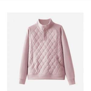 Winter Thickened Fleece Diamond Pattern Button Stand Collar Slim Fit Versatile Sweatshirt Womens Long Sleeve Casual Top