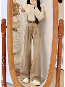 สูง เอว พลีท ขาตรง เดนิม กางเกง ผู้หญิง ฤดูใบไม้ผลิ ฤดูใบไม้ร่วง สีกากี หลวม ขากว้างบาง กางเกง กางเกงยีนส์ต่อต้านริ้วรอย