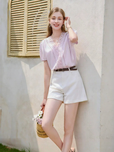 XIANGYING | French Style V-Neck Puff Sleeve Shirt Two Piece Set