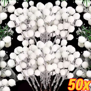 50Pcs White Snow Berries Branch Artificial Fake Plant Wreath Xmas Tree Berry Home DIY Crafts Christmas Decorations