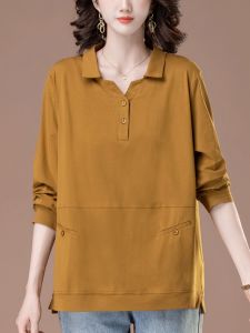 Long Sleeve Pure Cotton Loose Fit Collared T-Shirt for Middle-Aged And Elderly Women Autumn New Style Korean Version Mom Style
