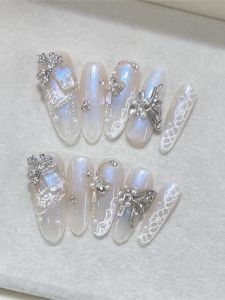 Ins Beautiful Luxury White Shell Light Diamond Lace Handmade Pure Wearable Nail Art Gentle Color Transparent Clear Moonlight