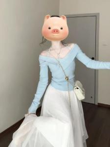 Womens Cross-Shoulder Knitwear Soft Baby Blue Spring Commute Style Slim Fit Long Sleeve Pure Color Base Layer Top