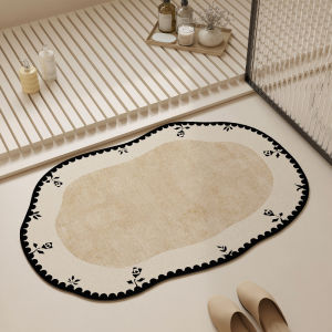 VIKAMA Irregular Bath Mat Vintage Black Floral Border Beige Marble Texture Non‑Slip Absorbent Rug for Bathroom Shower Decor