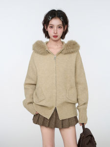 BAIDAIFEI | Khaki Hooded Thickened Knit Sweater Jacket