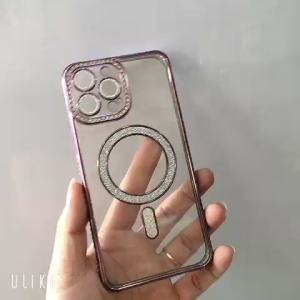 Ốp lưng iPhone 13 Pro Max viền màu đính đá vòng sạc không dây kim tuyến sang trọngbảo vệ camera