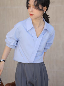YAOMUHUA | Elegant French Design Blue Collar Shirt Summer