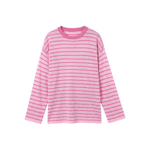 Autumn Pink Striped Knit Top Loose Round Neck Soft and Breathable