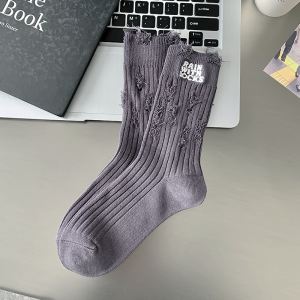 Pure Cotton Hole Punching Socks Womens Popular Style Autumn Winter Mid-Calf White Long Tube Socks Moisture Wicking Home Comfort