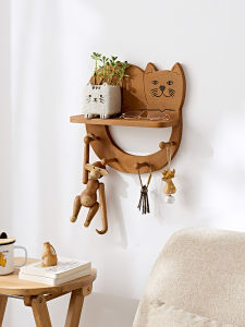 Creative Solid Wood Wall Mounted Clothes Hanger Childrens Room Nordic Style Cat Shaped Partition Shelf Hook Storage Organizer