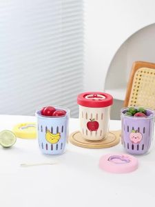 WORTHBUY | Hộp Cơm Trưa Bento Cho Trẻ Em Chất Liệu Nhựa Kèm Cốc Đựng Salad Trái Cây Có Nắp Rổ Thoát Nước Nĩa Tay Cầm Thân Thiện Với Môi Trường Họa Tiết Hoạt Hình Hộp Đựng Đồ Ăn Nhẹ Sữa Chua Yến Mạch.