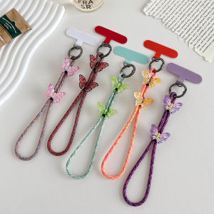 สายโทรศัพท์ผีเสื้อสีประกายดีไซน์เรียบง่าย สายสะพายมือแบบยืดหยุ่นได้ สายผ้าไนลอนสั้นพร้อมหัวเข็มขัดสำหรับกระเป๋าและกล้อง สายรัดข้อมือป้องกันการสูญเสีย