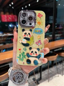 Cute Cartoon Panda Phone Case for  Series 16 Silver Flash Powder Lens Stand Protective Cover Compatible with 15Promax/14Promax/13Pro