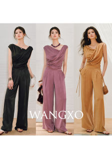 WANGXO | Áo Blouse Nếp Chéo & Quần Có Dây Đính Hạt Sợi Ammoniac Đồng