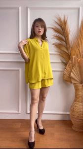 Mihar store / COD 1291 - Setelan wanitan crinkle airflow premium / One set blouse dan celana pendek / Setelan wanita polos casual terbaru santai daily XL