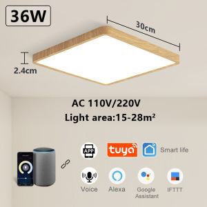 MARPOU Tuya Smart LED Ceiling Lamp Wood Grain App Voice Control Alexa/Google Remote Control Square Ceiling Lights Living Room