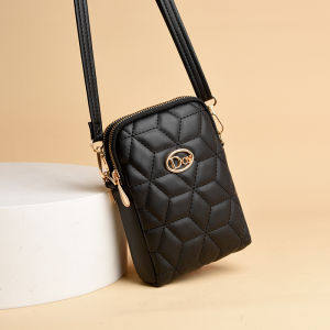 Ladies Crossbody Small Bag Diamond Pattern Mobile Coin Purse New Style Double Layer Zipper Shoulder Bag Soft Leather