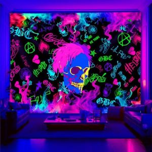 VIKAMA Neon Skull Graffiti Hip Hop Rap Wall Tapestry Black Background Rainbow Fluorescent Skeleton Heart Anarchy Smoke Bedroom