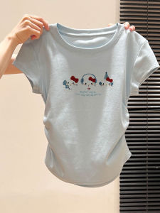 Blue Pure Cotton Short Sleeve T-Shirt Womens Stylish Waist-Cut Summer Top Korean Style Commute Fashion Creative Pattern