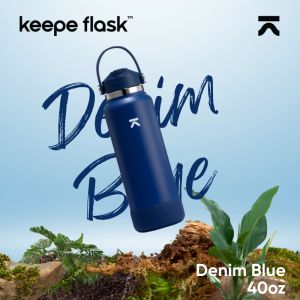 [p49 Name Engraving] Keepe Flask Premium Demin Blue Stainless Steel Tumbler Hot and Cold Wide Mouth Double Wall Hydration Drinking Water Bottle with Free Silicone Boot