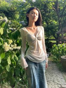 Xiqian Slim Fit Gauze Net Long Sleeve T-Shirt for Women Summer 2024 New Design Sun Protection Clothing Unique Style Thin Top