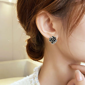 New Luxury Micro Set Zircon Black Camellia Flower Earrings for Women Korean Fashion Jewelry Party Exquisite Accessories