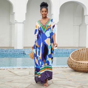 Blue Block Color Contrast Kaftan Floral Shadow Color Block Print Maxi Dress Women Wearable Work Of Art Chic Beach CoverUp Caftan