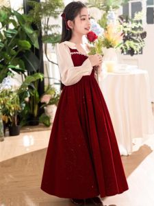 ชุดเดรสยาวปานกลางผ้าฝ้ายผสมโพลีเอสเตอร์สำหรับเด็กผู้หญิง ฤดูใบไม้ร่วง/ฤดูหนาว กระโปรงทรงเอทรงเจ้าหญิง แขนยาว ปกโปโล ลายผีเสื้อ