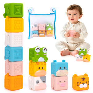 3D Cube Animal Stacking Toys Baby Soft Silicone Building Blocks Toys Toddler Early Educational Sensory Montessori Toys Bath Toys