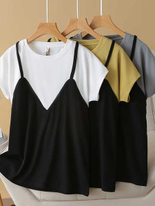 2024 Summer Clothing New Arrival Color Contrast Patchwork Fake Two-Piece Tops Plus Size Ladies Loose Belly-Covering Slim Looking Plus Size Short Sleeve T-Shirt