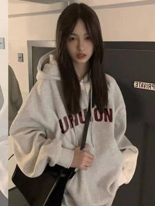 Retro American โอเวอร์ไซส์ เสื้อฮู้ด ผู้หญิง ฤดูใบไม้ผลิ ฤดูใบไม้ร่วง หมวกทรงสูงสไตล์ขี้เกียจหลวมบาง เสื้อแจ็คเก็ต สบาย ระบายอากาศได้ดี ผ้าฝ้าย โพลีเอสเตอร์