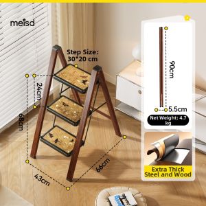 MEISD | Portable Folding Home Ladder Wooden Grain Retro Style