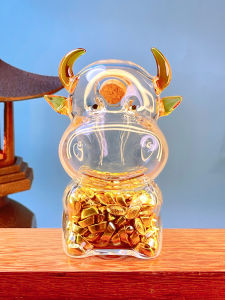 Thickened Glass Bottle for Storing Gold Beans Money Saving Wish Granting Bottle Zodiac Ox Design Modern Minimalist Style Home Decor