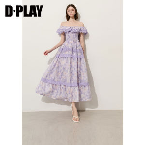 D-PLAY | Resort Purple One-shoulder Lace Flared Hem Sleeveless Floral Print Dress