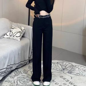 Elegant Anti-Wrinkle Draped Straight Leg Casual Pants Womens High Waist Long Trousers Fashionable Slimming Grey Spring Leisure Trousers