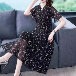 Chiffon Women Short Sleeve Floral Print Retro Dresses New Version Plus Size Temperament Lady Chiffon Dress Middle age Showing Slim dress