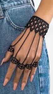 Ingemark | Creative Vintage Black Lace Finger Wrist Chain Rings Bracelets for Women Metal Connecting Hand Harness Bangles Christmas Jewelry