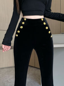 Black Weila Velvet Pants Womens Fall and Winter Stylish Breasted High Waist Casual Pants Fashion All-Matching Mop Bell-Bottom Pants