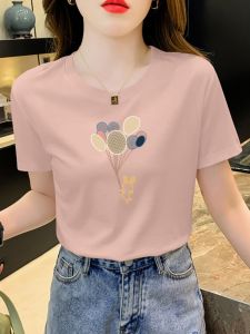 เสื้อยืดแขนสั้นผ้าฝ้ายแท้สําหรับผู้หญิงแฟชั่นครึ่งแขนพิมพ์เสื้อผ้าทํางานสบายๆสไตล์เรียบง่ายฤดูร้อนสวมใส่