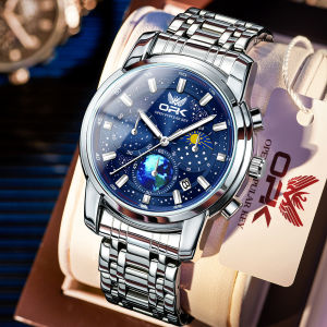 OPK Watch for Men Starry Luminous Dial Original Waterproof Multifunction Chronograph Moon Phase Calendar Stainless Steel with Box