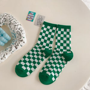 5 Pairs Womens Mid-Calf Sports Socks Anti-Odor Cotton Blue White Grid Pattern Trendy Home Comfortable Breathable Long Socks