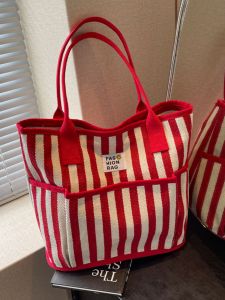 Striped Canvas Tote Bag Women Large Capacity Summer New Casual Commuter Shoulder Bag Double Handle Zipper Closure Soft Body