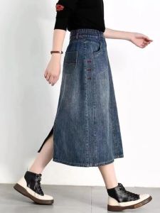 กระโปรงยีนส์ทรงเอเอวสูง ผ้าฝ้ายผสม กระโปรงยาวปานกลางสไตล์เกาหลี ทรงเข้ารูป สำหรับผู้หญิงวัย 35-39 ปี